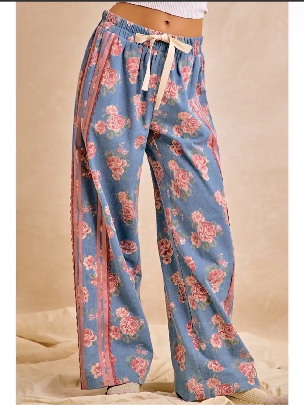 Denim rose floral lace jeans boho wide leg western contrast bohemian pant - Picture 3 of 3